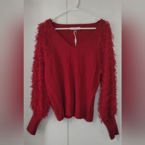 Sioni Red Top With Sheer Puffer Sleeves Size (L)